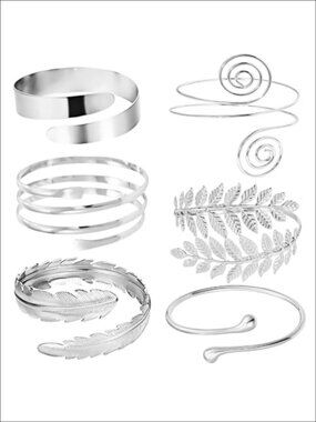 Gold Plated Leaf & Spiral Arm Cuff Set Adjustable Boho Upper Arm Bands